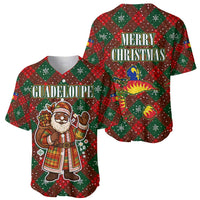 Guadeloupe Christmas Baseball Jersey with Green-Red Plaid Design, Island Map, and Traditional Santa Motif - Wonder Print Shop