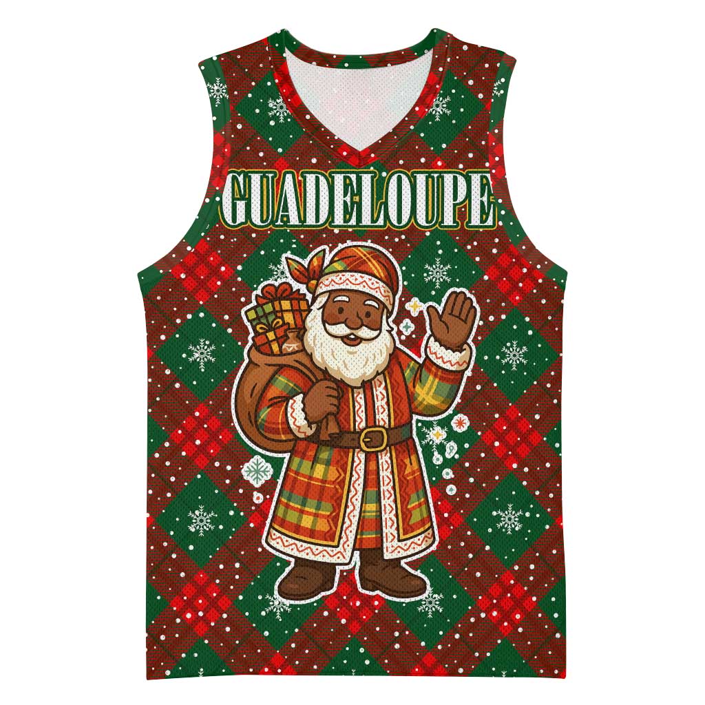 Guadeloupe Christmas Basketball Jersey with Green-Red Plaid Design, Island Map, and Traditional Santa Motif - Wonder Print Shop