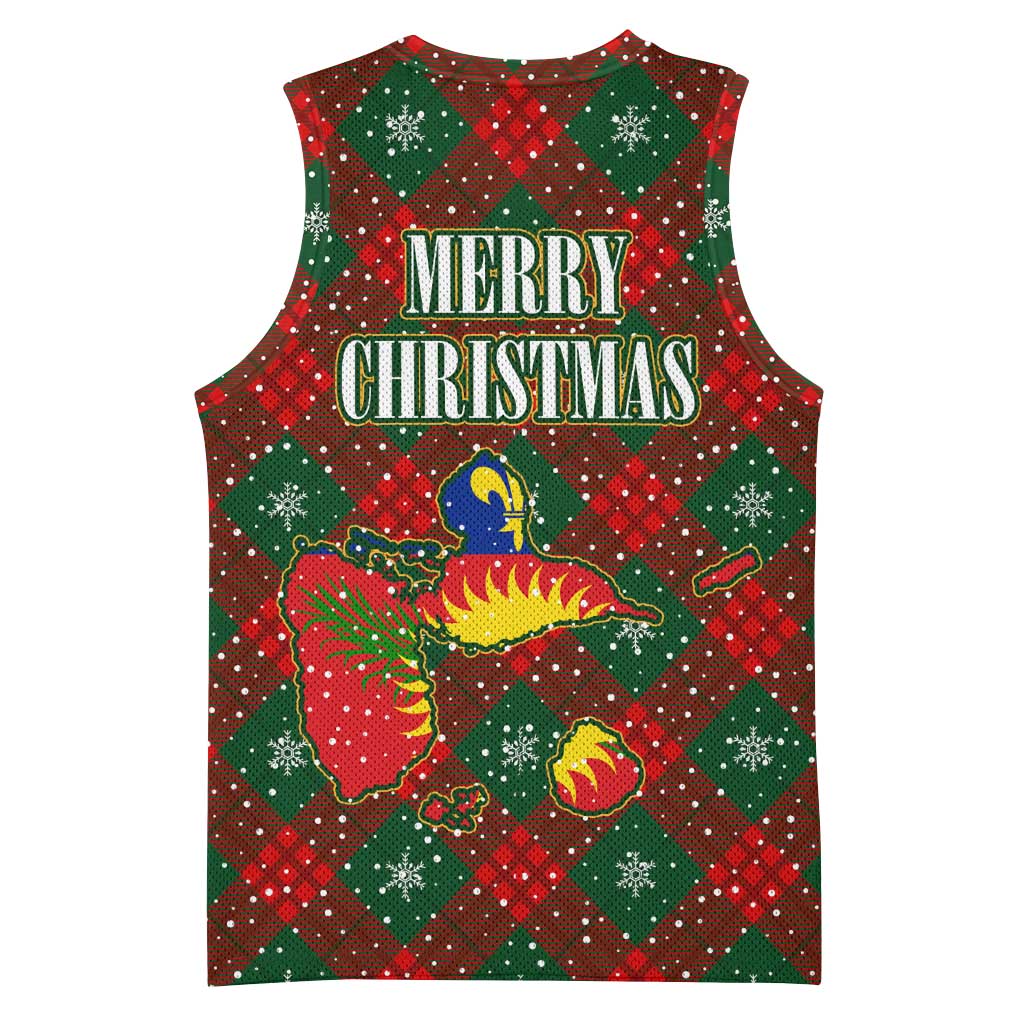 Guadeloupe Christmas Basketball Jersey with Green-Red Plaid Design, Island Map, and Traditional Santa Motif - Wonder Print Shop