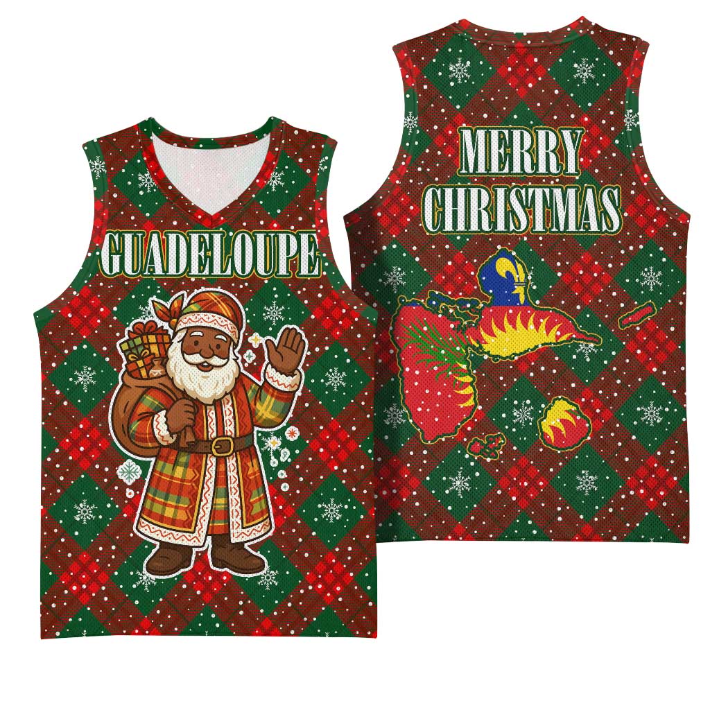 Guadeloupe Christmas Basketball Jersey with Green-Red Plaid Design, Island Map, and Traditional Santa Motif - Wonder Print Shop
