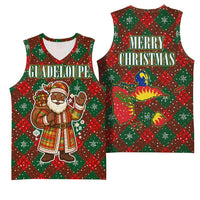 Guadeloupe Christmas Basketball Jersey with Green-Red Plaid Design, Island Map, and Traditional Santa Motif - Wonder Print Shop
