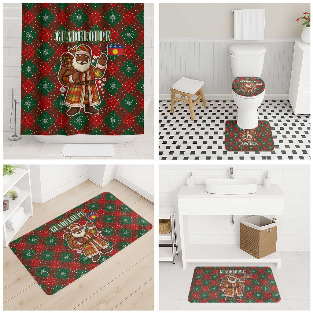 Guadeloupe Christmas Bathroom Set with Green-Red Plaid Design, Island Map, and Traditional Santa Motif - Wonder Print Shop