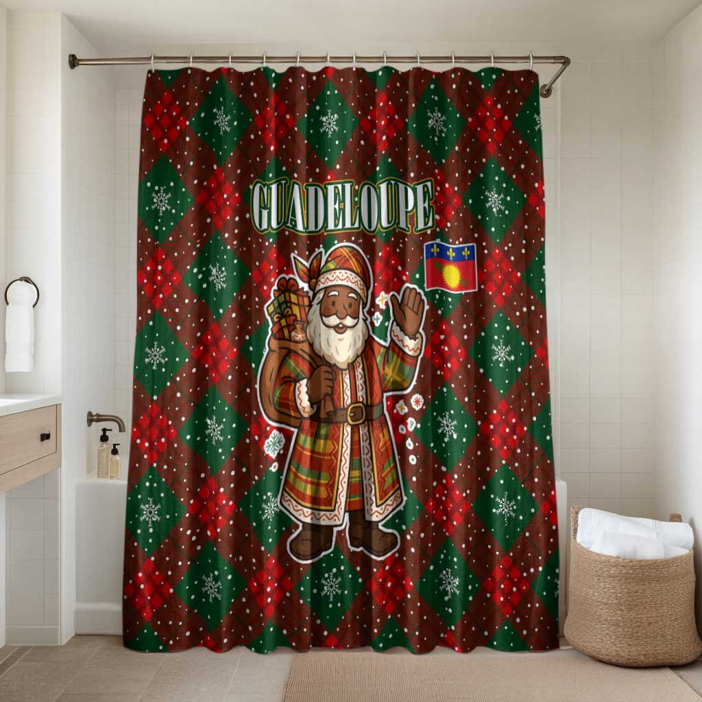 Guadeloupe Christmas Bathroom Set with Green-Red Plaid Design, Island Map, and Traditional Santa Motif - Wonder Print Shop