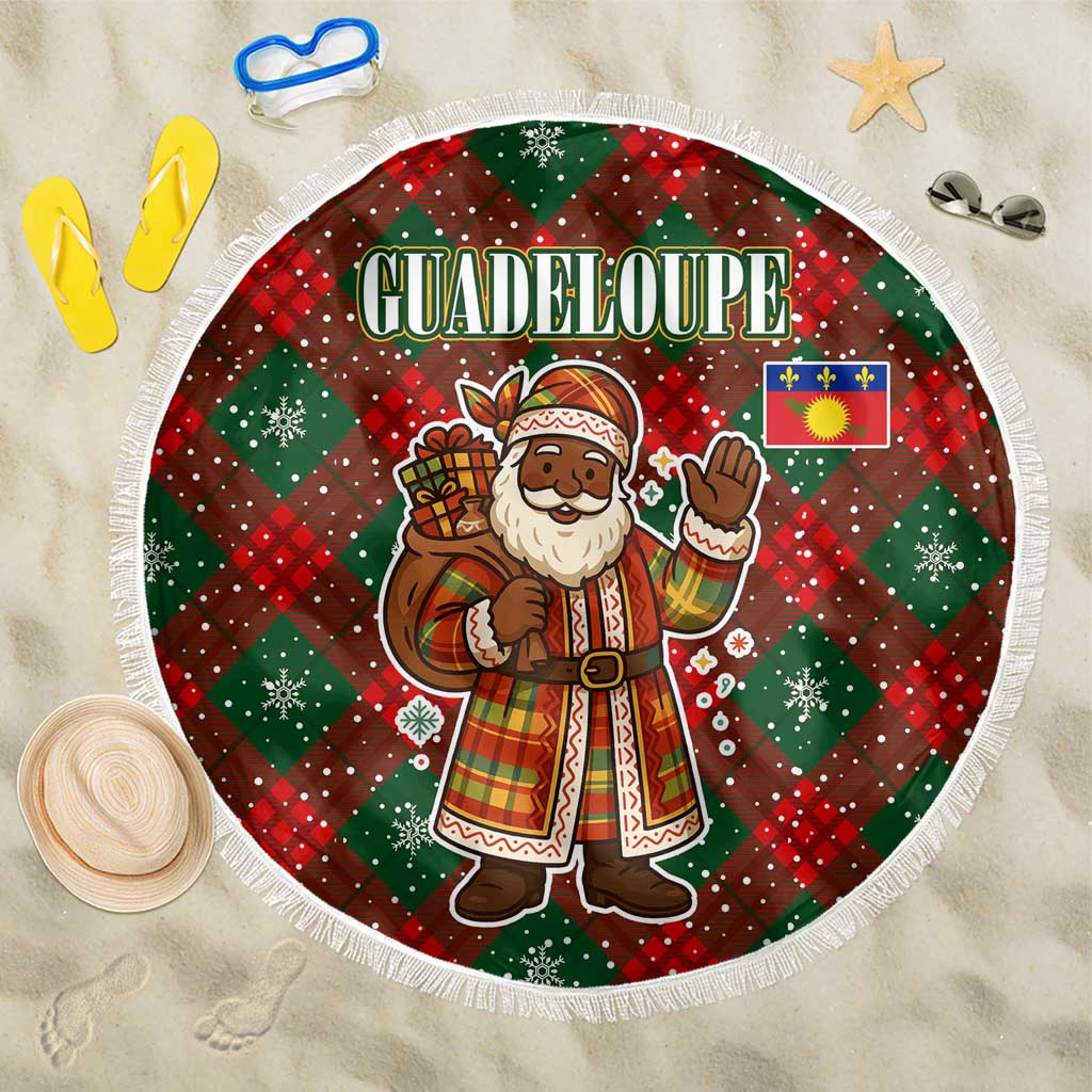 Guadeloupe Christmas Beach Blanket with Green-Red Plaid Design, Island Map, and Traditional Santa Motif - Wonder Print Shop