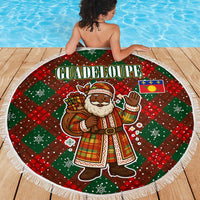 Guadeloupe Christmas Beach Blanket with Green-Red Plaid Design, Island Map, and Traditional Santa Motif - Wonder Print Shop