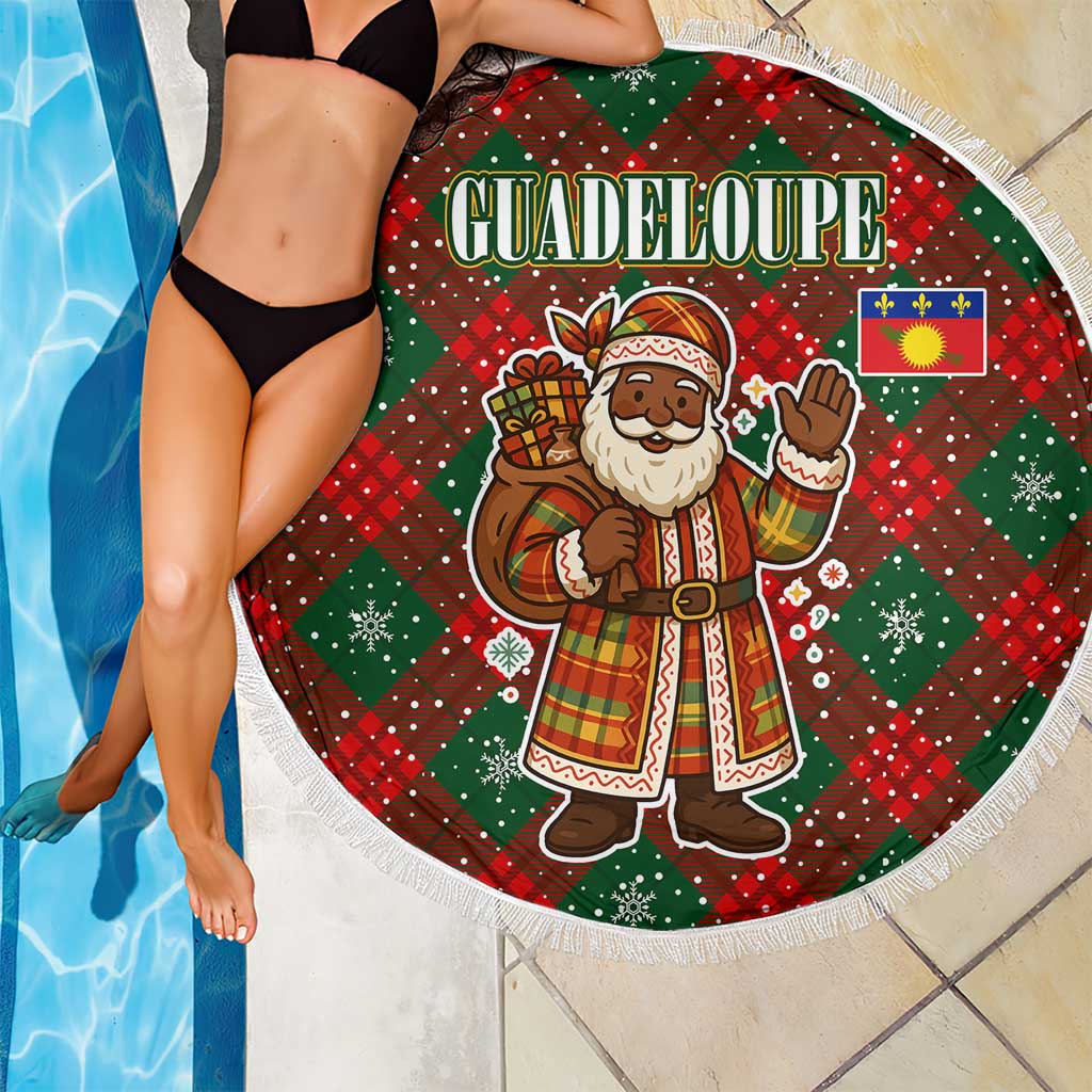 Guadeloupe Christmas Beach Blanket with Green-Red Plaid Design, Island Map, and Traditional Santa Motif - Wonder Print Shop