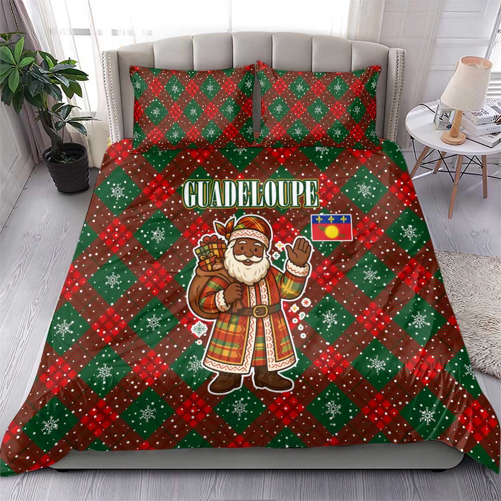 Guadeloupe Christmas Bedding Set with Green-Red Plaid Design, Island Map, and Traditional Santa Motif - Wonder Print Shop