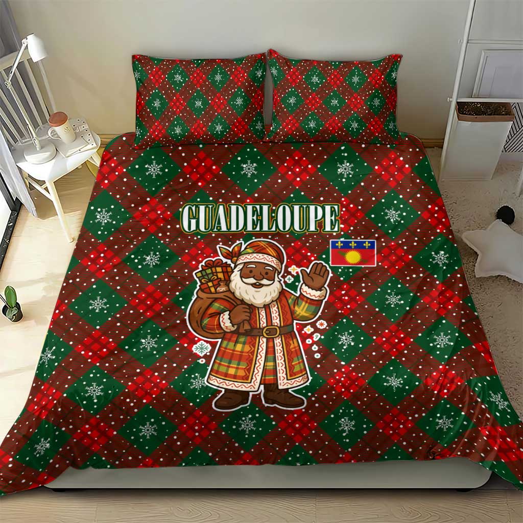 Guadeloupe Christmas Bedding Set with Green-Red Plaid Design, Island Map, and Traditional Santa Motif - Wonder Print Shop