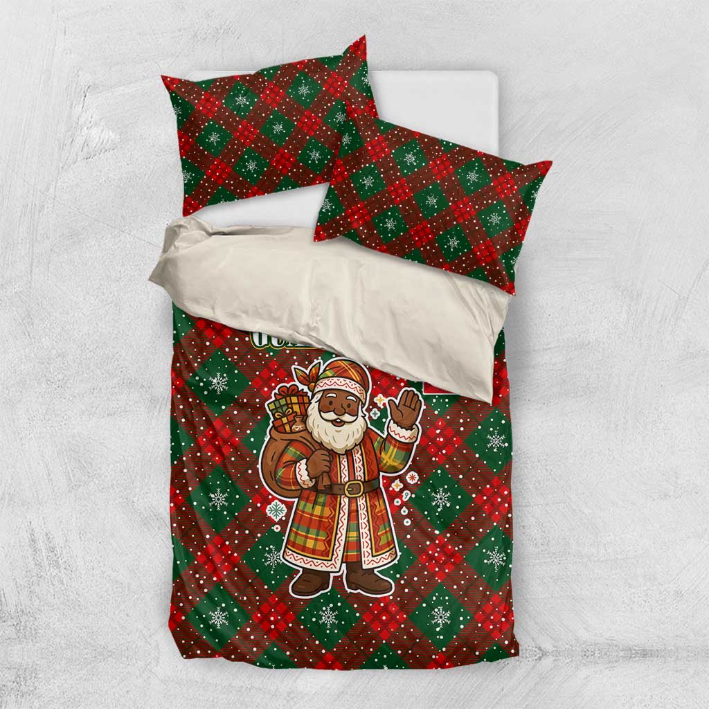 Guadeloupe Christmas Bedding Set with Green-Red Plaid Design, Island Map, and Traditional Santa Motif - Wonder Print Shop