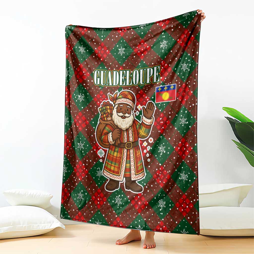 Guadeloupe Christmas Blanket with Green-Red Plaid Design, Island Map, and Traditional Santa Motif - Wonder Print Shop