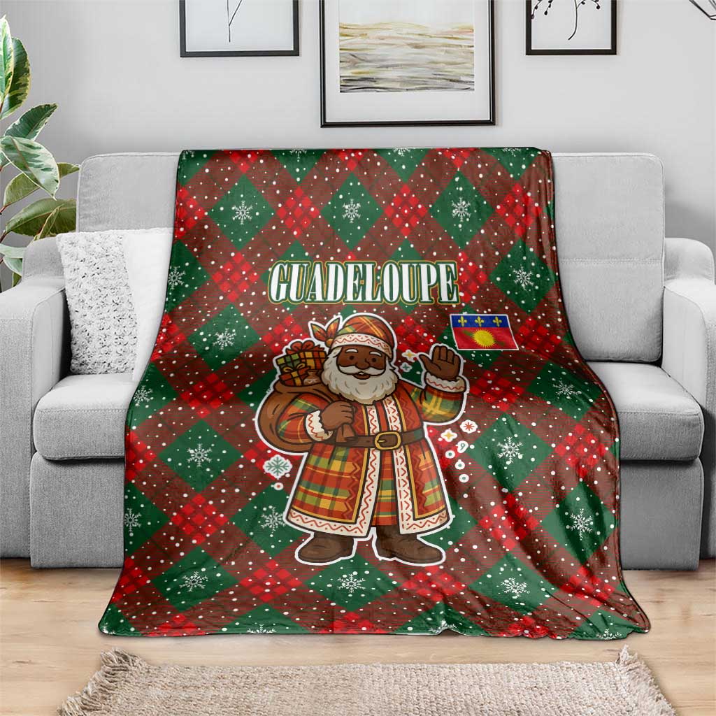 Guadeloupe Christmas Blanket with Green-Red Plaid Design, Island Map, and Traditional Santa Motif - Wonder Print Shop