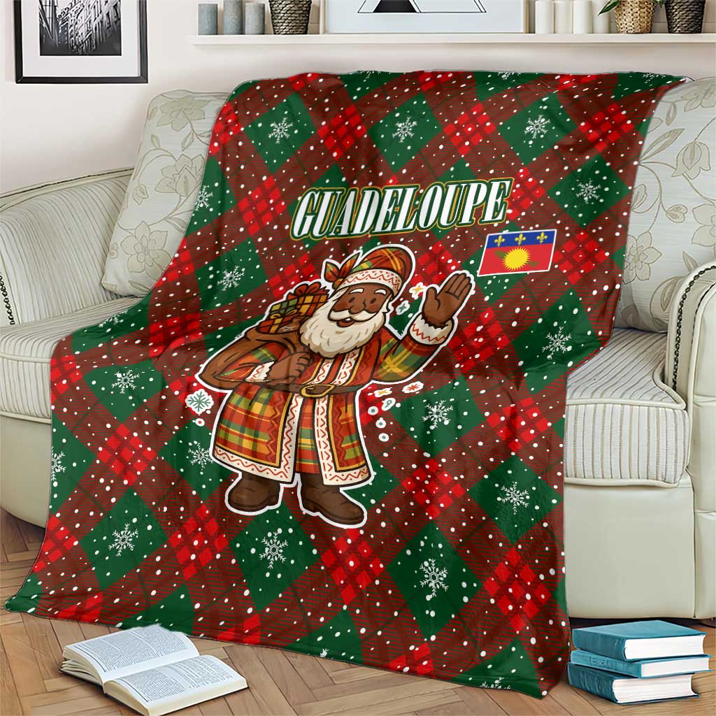 Guadeloupe Christmas Blanket with Green-Red Plaid Design, Island Map, and Traditional Santa Motif - Wonder Print Shop