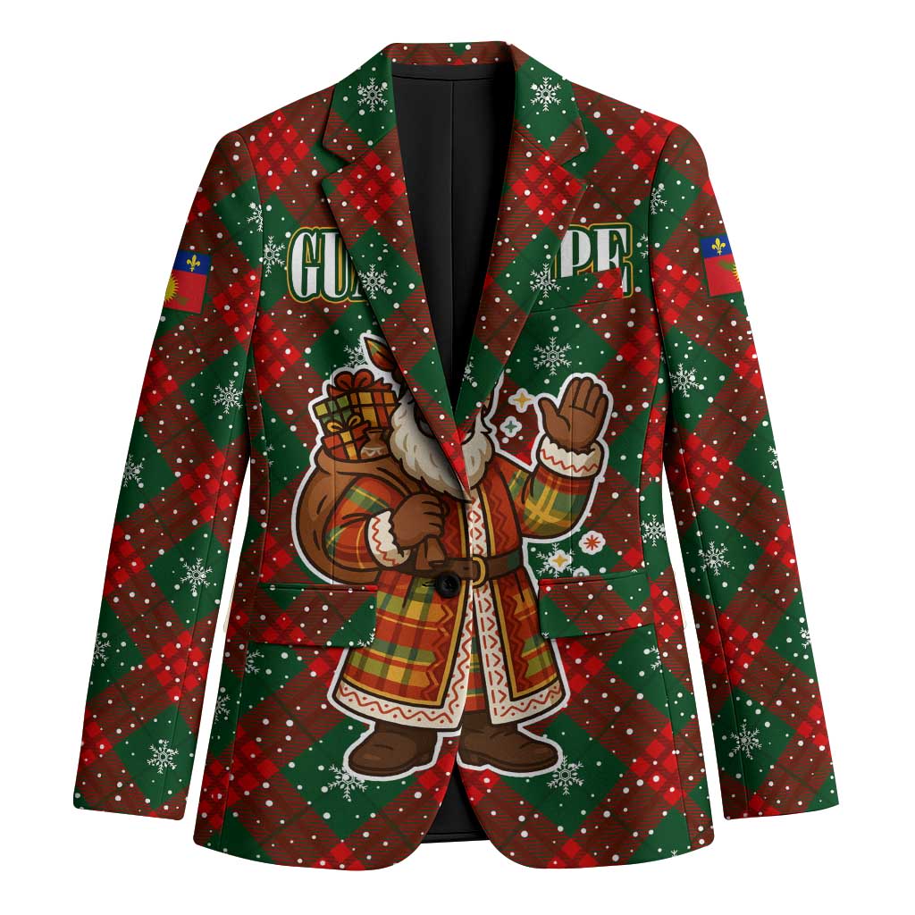 Guadeloupe Christmas Blazer with Green-Red Plaid Design, Island Map, and Traditional Santa Motif - Wonder Print Shop