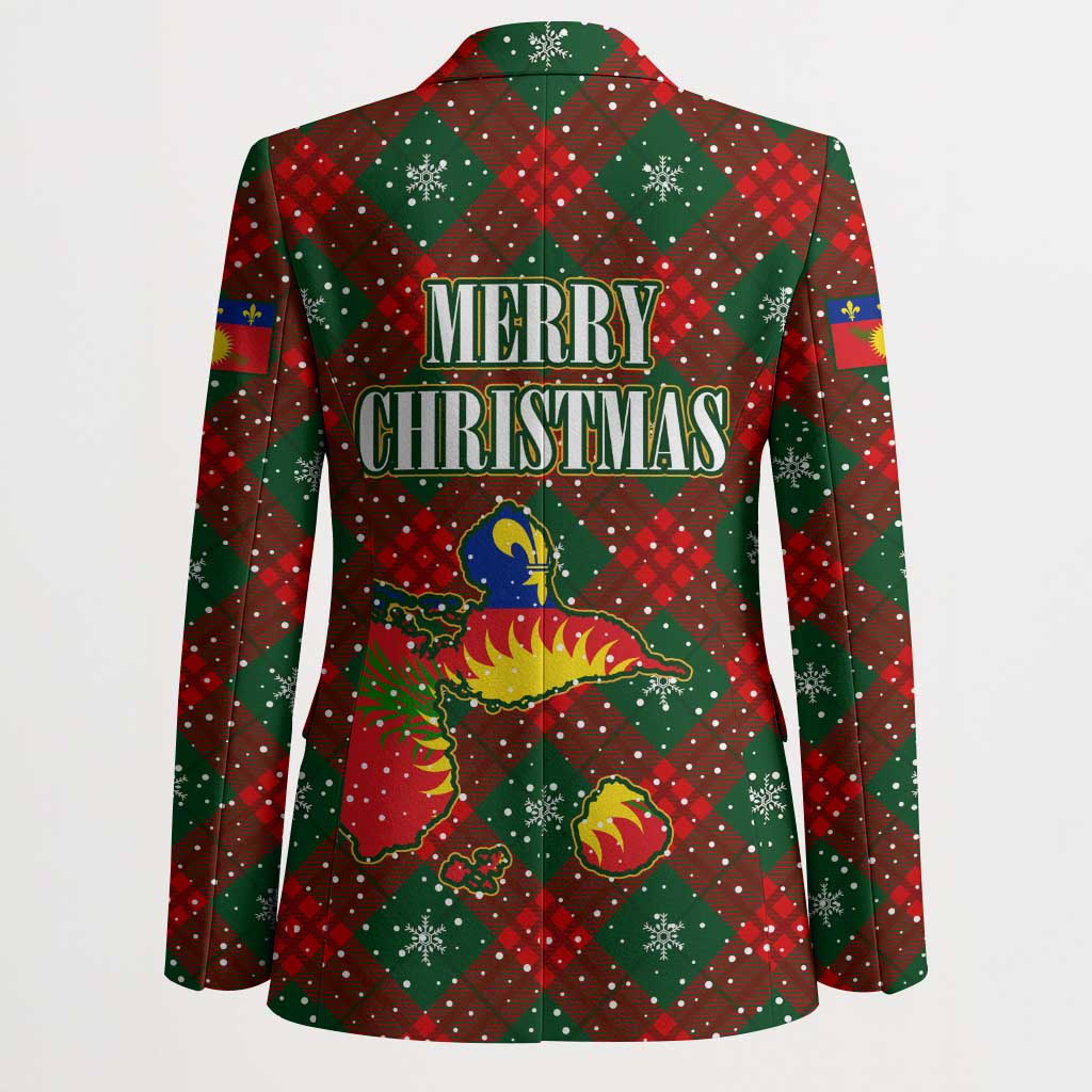 Guadeloupe Christmas Blazer with Green-Red Plaid Design, Island Map, and Traditional Santa Motif - Wonder Print Shop