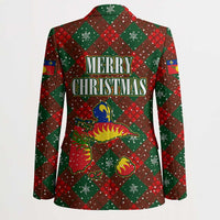 Guadeloupe Christmas Blazer with Green-Red Plaid Design, Island Map, and Traditional Santa Motif - Wonder Print Shop