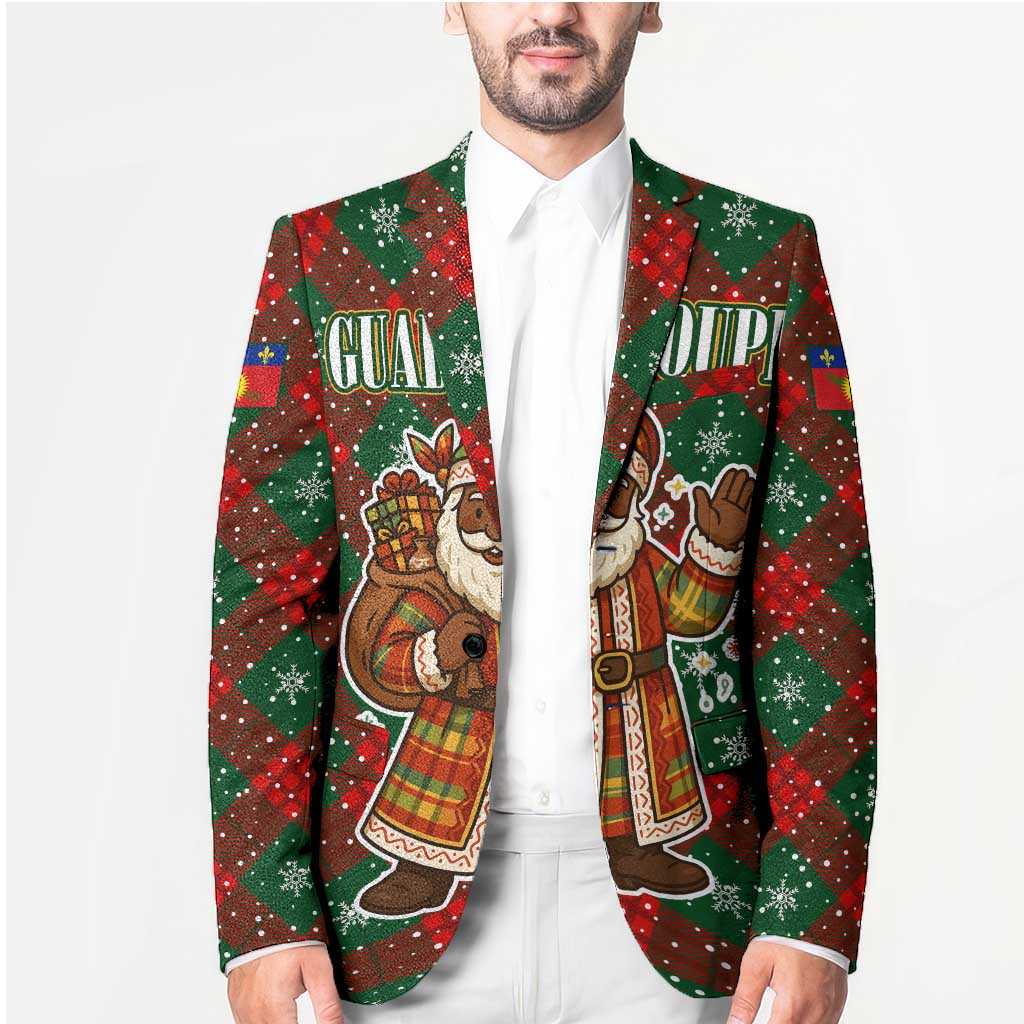 Guadeloupe Christmas Blazer with Green-Red Plaid Design, Island Map, and Traditional Santa Motif - Wonder Print Shop