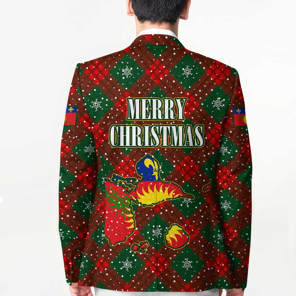 Guadeloupe Christmas Blazer with Green-Red Plaid Design, Island Map, and Traditional Santa Motif - Wonder Print Shop