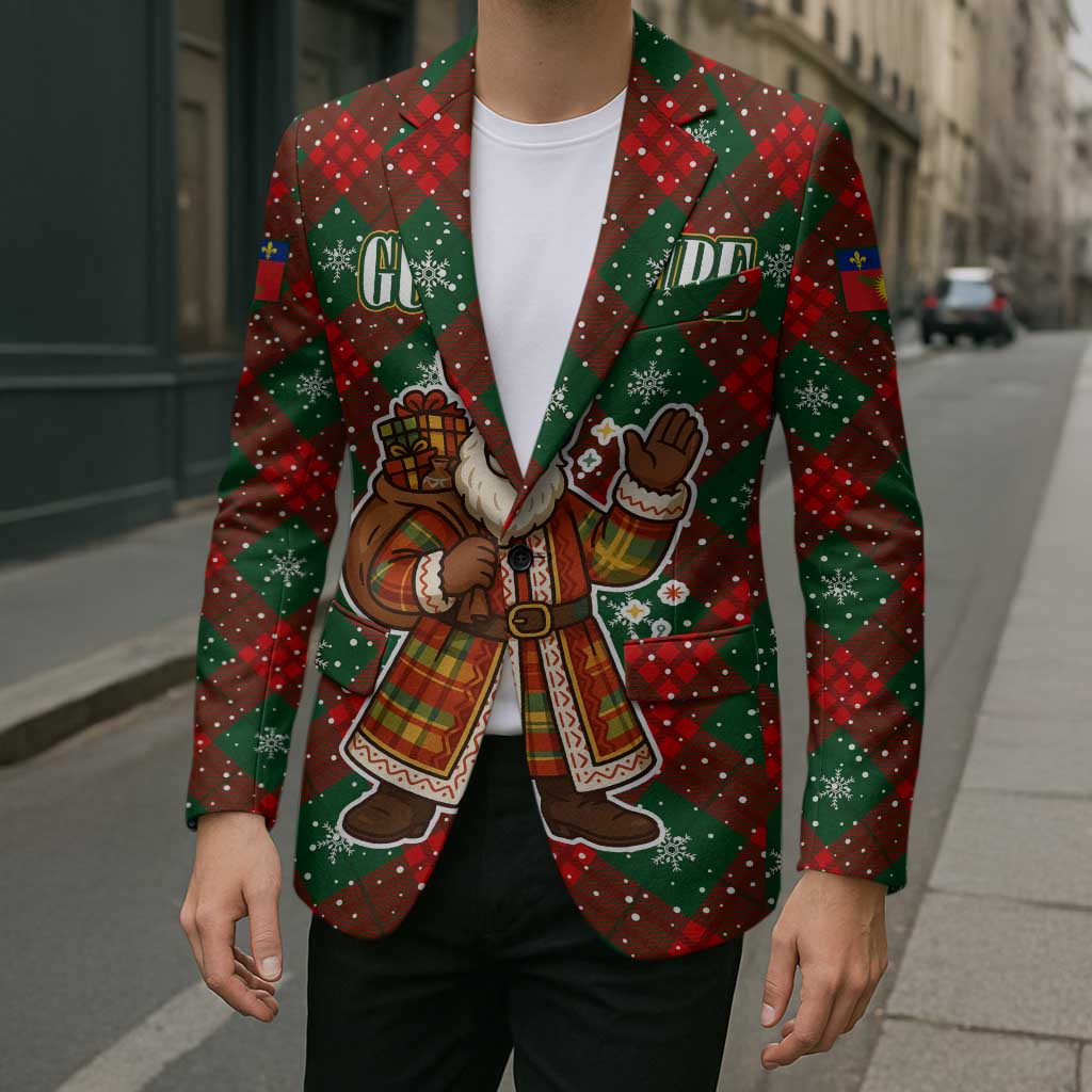 Guadeloupe Christmas Blazer with Green-Red Plaid Design, Island Map, and Traditional Santa Motif - Wonder Print Shop