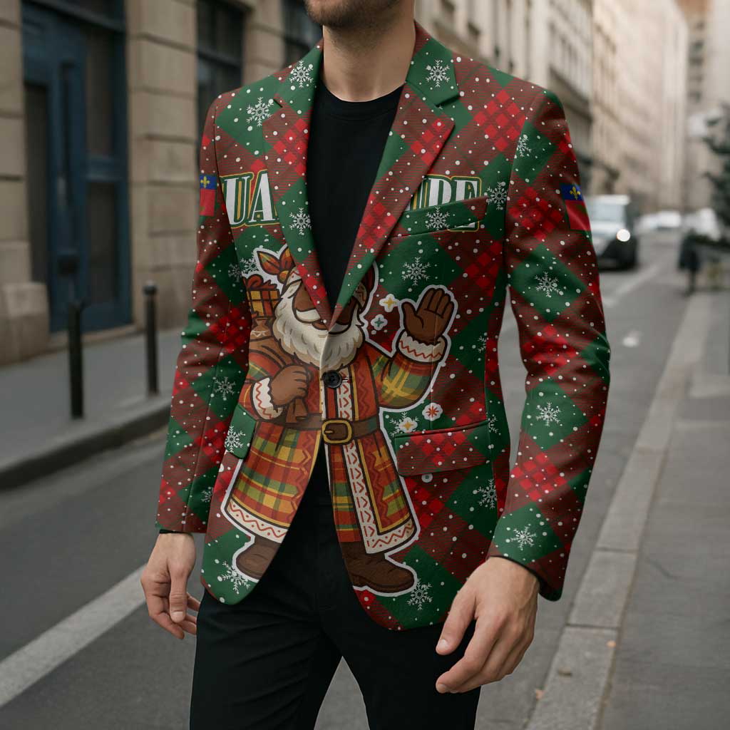 Guadeloupe Christmas Blazer with Green-Red Plaid Design, Island Map, and Traditional Santa Motif - Wonder Print Shop