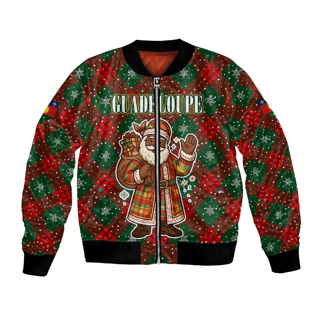 Guadeloupe Christmas Bomber Jacket with Green-Red Plaid Design, Island Map, and Traditional Santa Motif - Wonder Print Shop