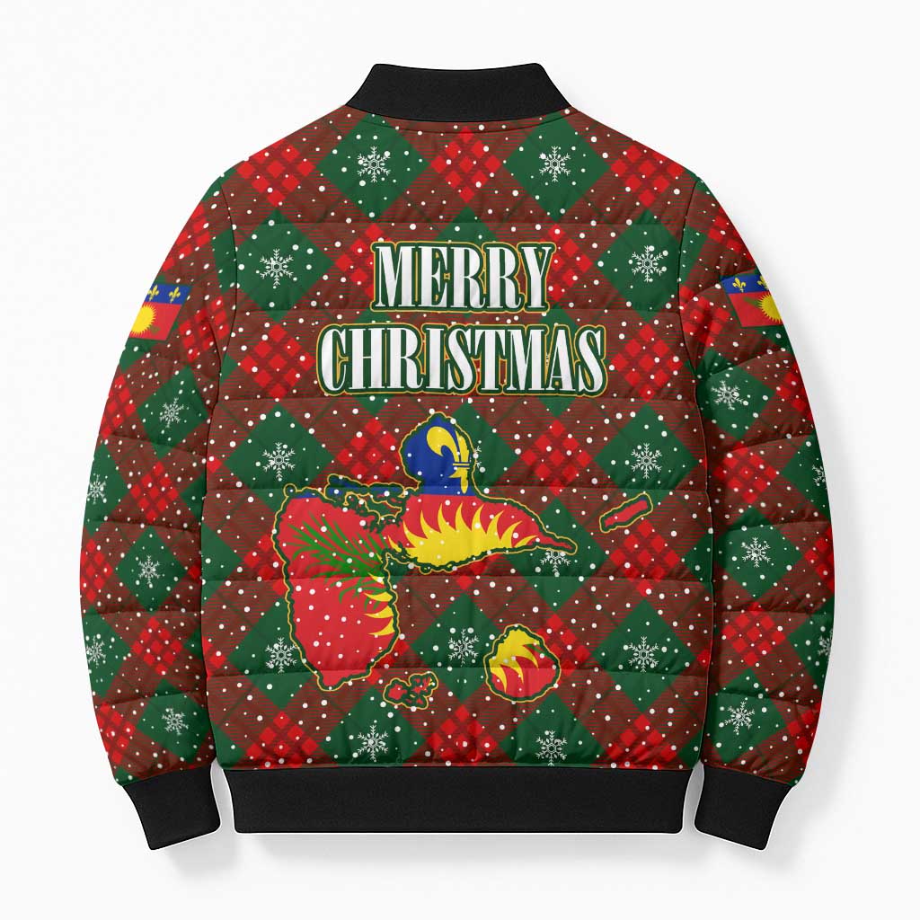 Guadeloupe Christmas Bomber Puffer Jacket with Green-Red Plaid Design, Island Map, and Traditional Santa Motif - Wonder Print Shop