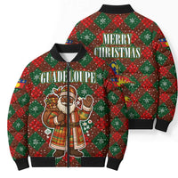Guadeloupe Christmas Bomber Puffer Jacket with Green-Red Plaid Design, Island Map, and Traditional Santa Motif - Wonder Print Shop