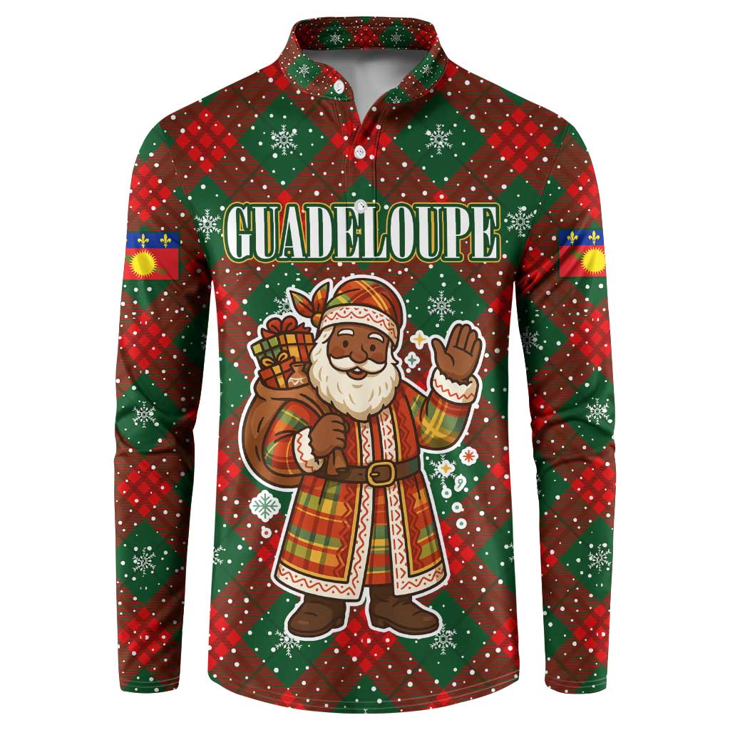 Guadeloupe Christmas Button Sweatshirt with Green-Red Plaid Design, Island Map, and Traditional Santa Motif - Wonder Print Shop
