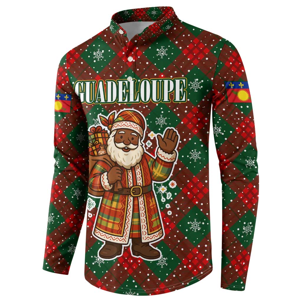 Guadeloupe Christmas Button Sweatshirt with Green-Red Plaid Design, Island Map, and Traditional Santa Motif - Wonder Print Shop