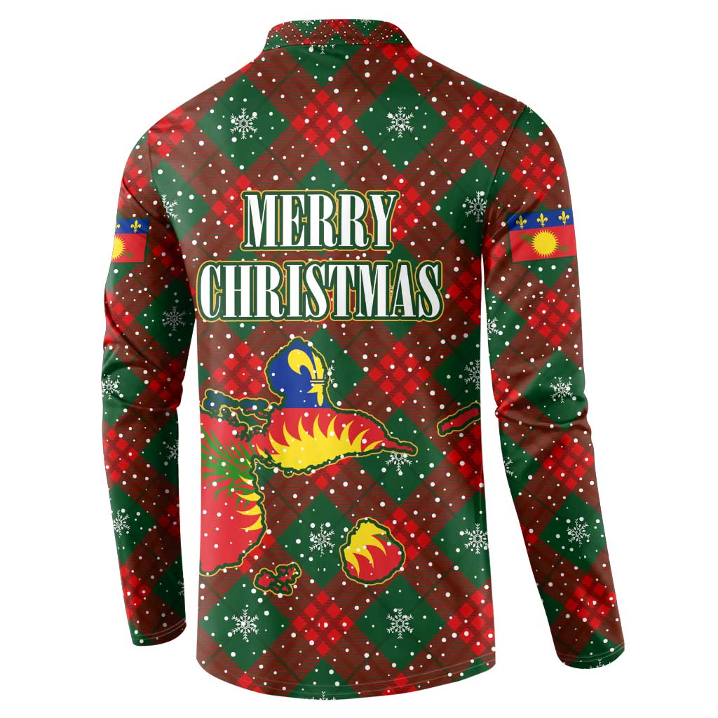 Guadeloupe Christmas Button Sweatshirt with Green-Red Plaid Design, Island Map, and Traditional Santa Motif - Wonder Print Shop