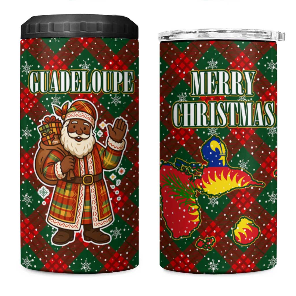 Guadeloupe Christmas 4 in 1 Can Cooler Tumbler with Green-Red Plaid Design, Island Map, and Traditional Santa Motif - Wonder Print Shop