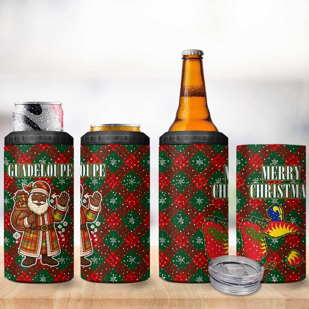 Guadeloupe Christmas 4 in 1 Can Cooler Tumbler with Green-Red Plaid Design, Island Map, and Traditional Santa Motif - Wonder Print Shop