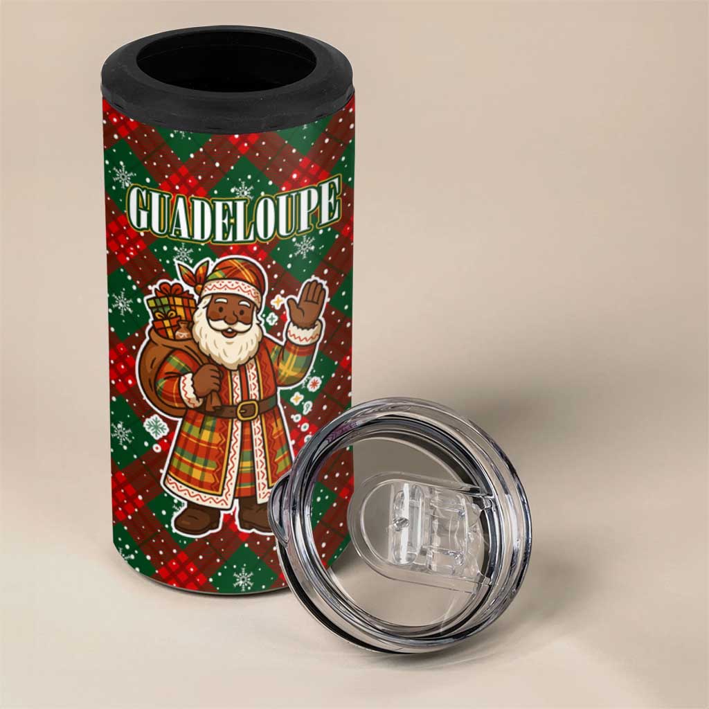 Guadeloupe Christmas 4 in 1 Can Cooler Tumbler with Green-Red Plaid Design, Island Map, and Traditional Santa Motif - Wonder Print Shop