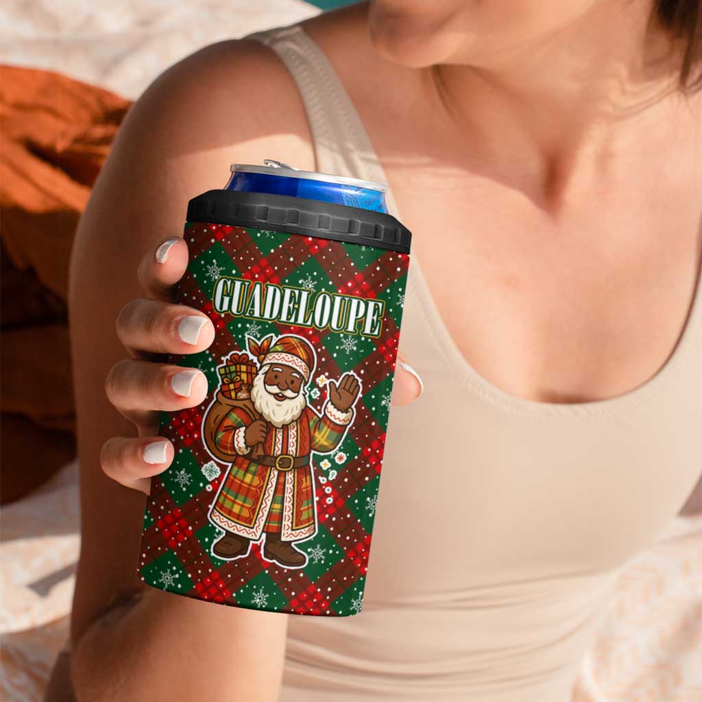 Guadeloupe Christmas 4 in 1 Can Cooler Tumbler with Green-Red Plaid Design, Island Map, and Traditional Santa Motif - Wonder Print Shop