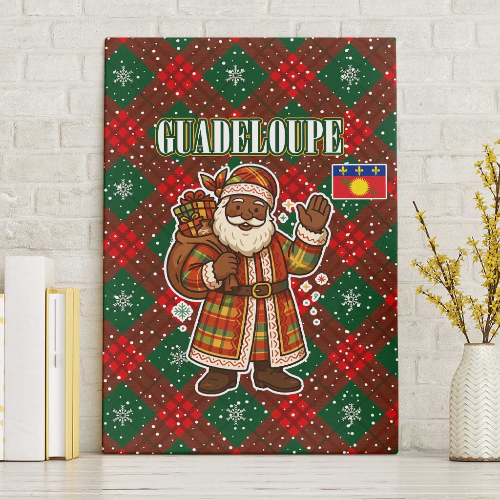 Guadeloupe Christmas Canvas Wall Art with Green-Red Plaid Design, Island Map, and Traditional Santa Motif - Wonder Print Shop