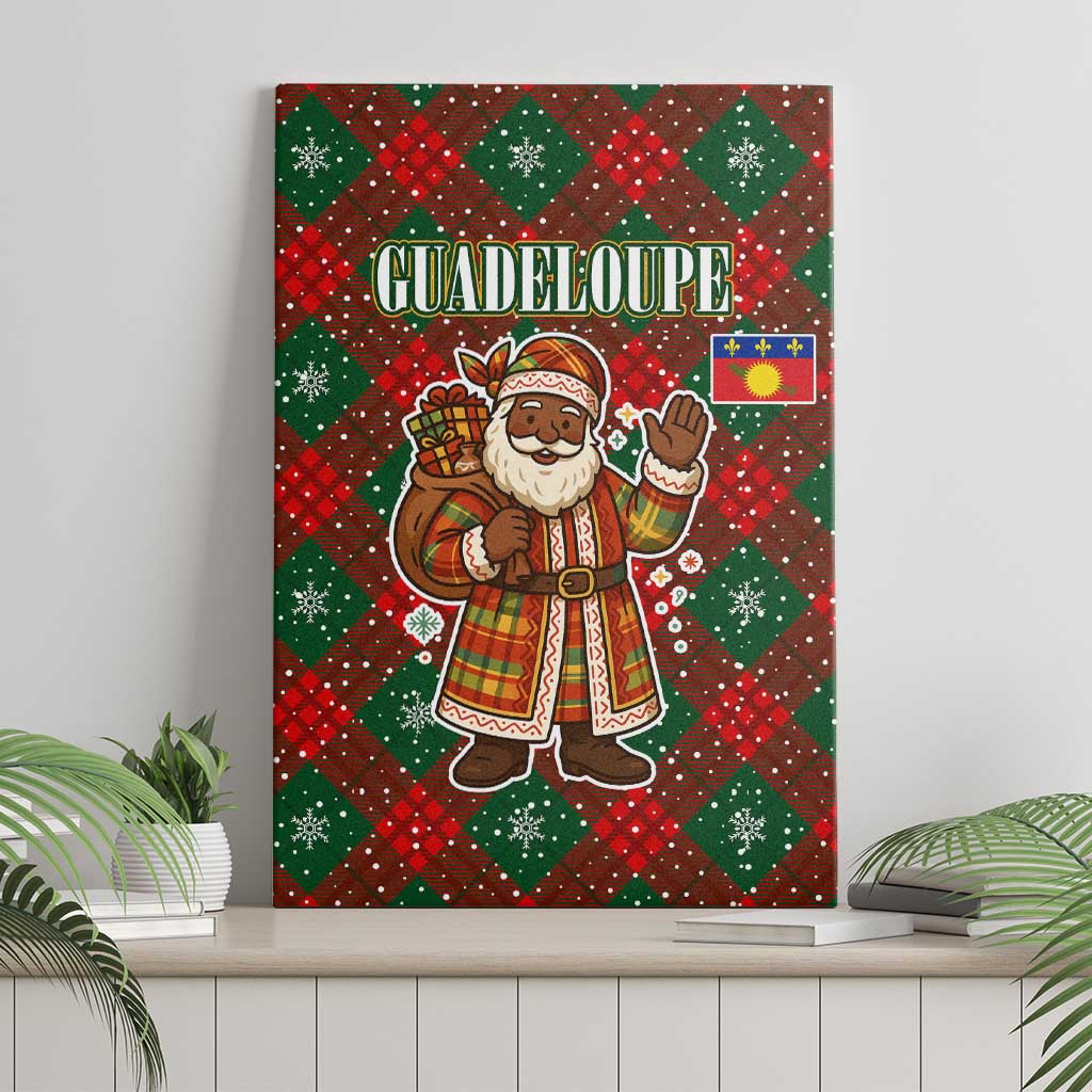 Guadeloupe Christmas Canvas Wall Art with Green-Red Plaid Design, Island Map, and Traditional Santa Motif - Wonder Print Shop