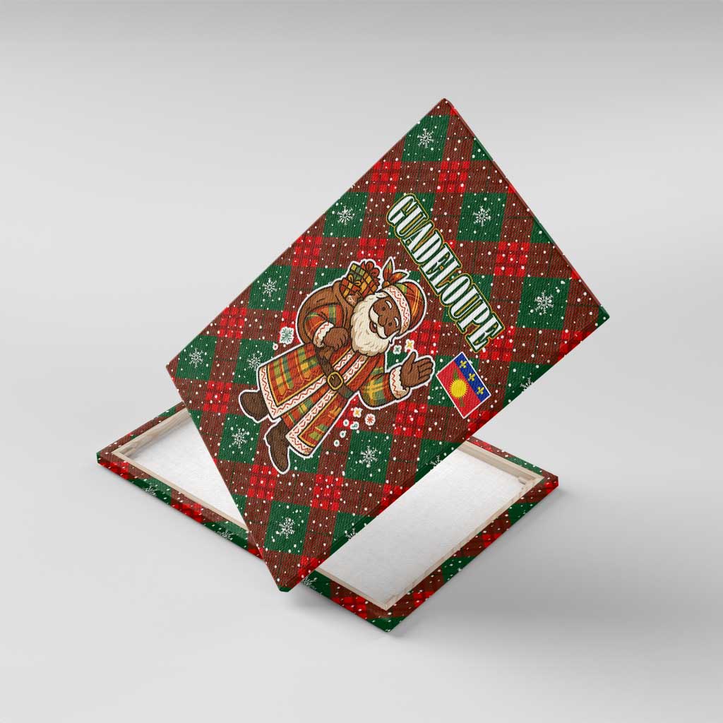 Guadeloupe Christmas Canvas Wall Art with Green-Red Plaid Design, Island Map, and Traditional Santa Motif - Wonder Print Shop