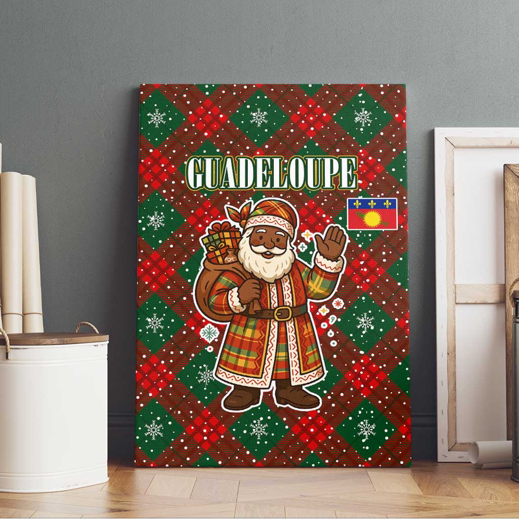 Guadeloupe Christmas Canvas Wall Art with Green-Red Plaid Design, Island Map, and Traditional Santa Motif - Wonder Print Shop