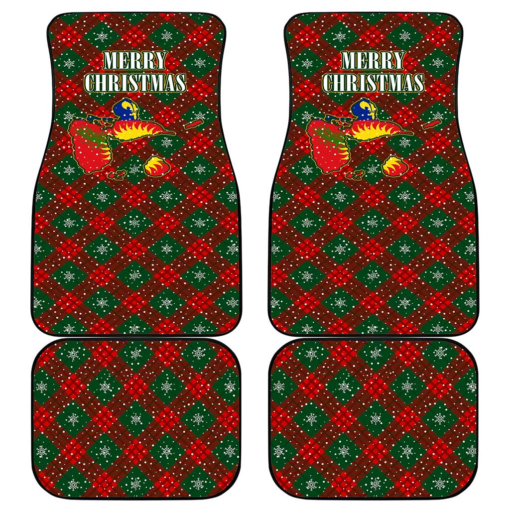 Guadeloupe Christmas Car Mats with Green-Red Plaid Design, Island Map, and Traditional Santa Motif - Wonder Print Shop