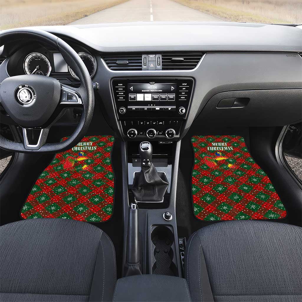 Guadeloupe Christmas Car Mats with Green-Red Plaid Design, Island Map, and Traditional Santa Motif - Wonder Print Shop