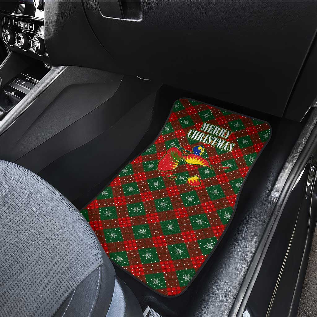 Guadeloupe Christmas Car Mats with Green-Red Plaid Design, Island Map, and Traditional Santa Motif - Wonder Print Shop
