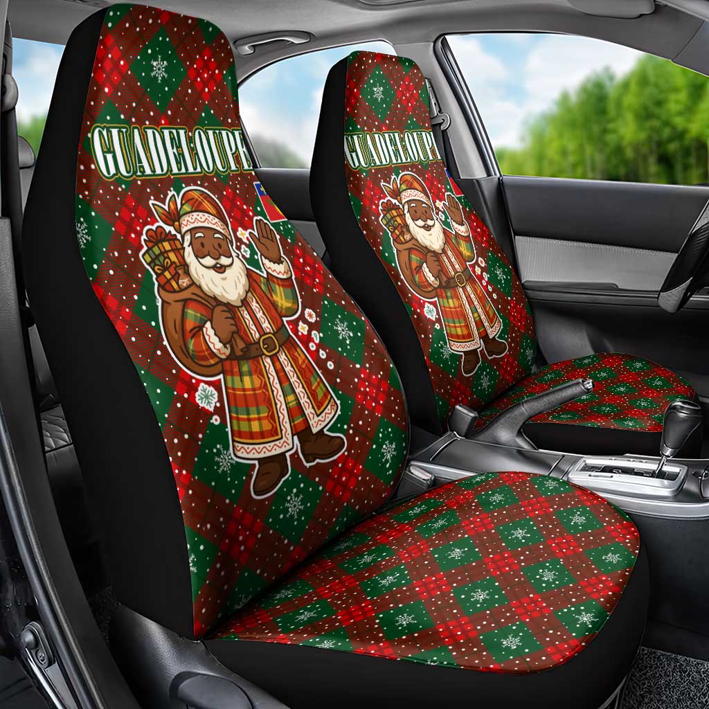 Guadeloupe Christmas Car Seat Cover with Green-Red Plaid Design, Island Map, and Traditional Santa Motif - Wonder Print Shop