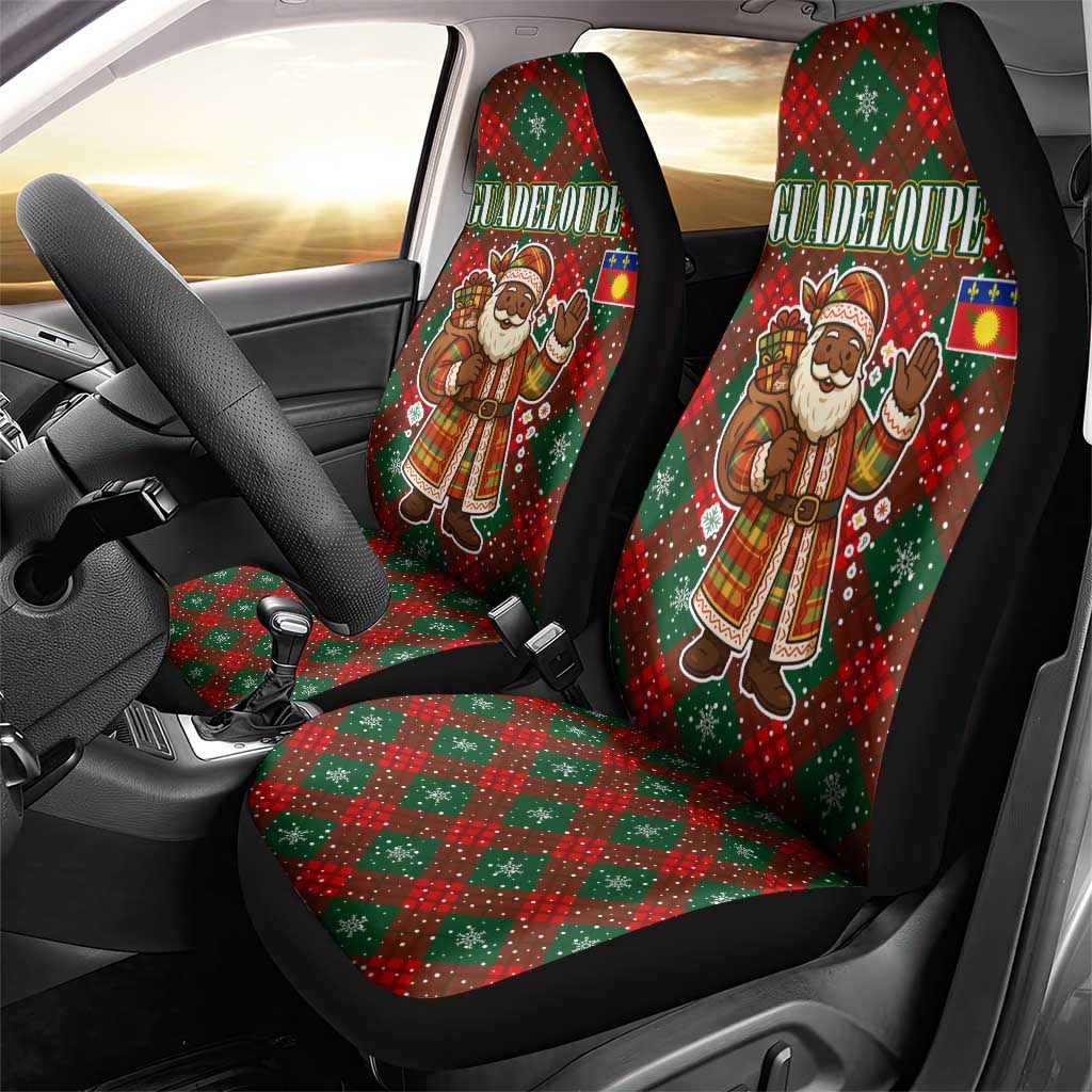Guadeloupe Christmas Car Seat Cover with Green-Red Plaid Design, Island Map, and Traditional Santa Motif - Wonder Print Shop
