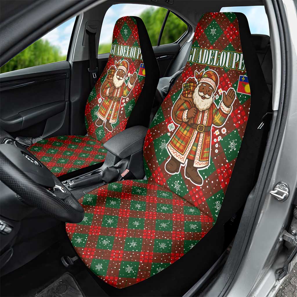 Guadeloupe Christmas Car Seat Cover with Green-Red Plaid Design, Island Map, and Traditional Santa Motif - Wonder Print Shop