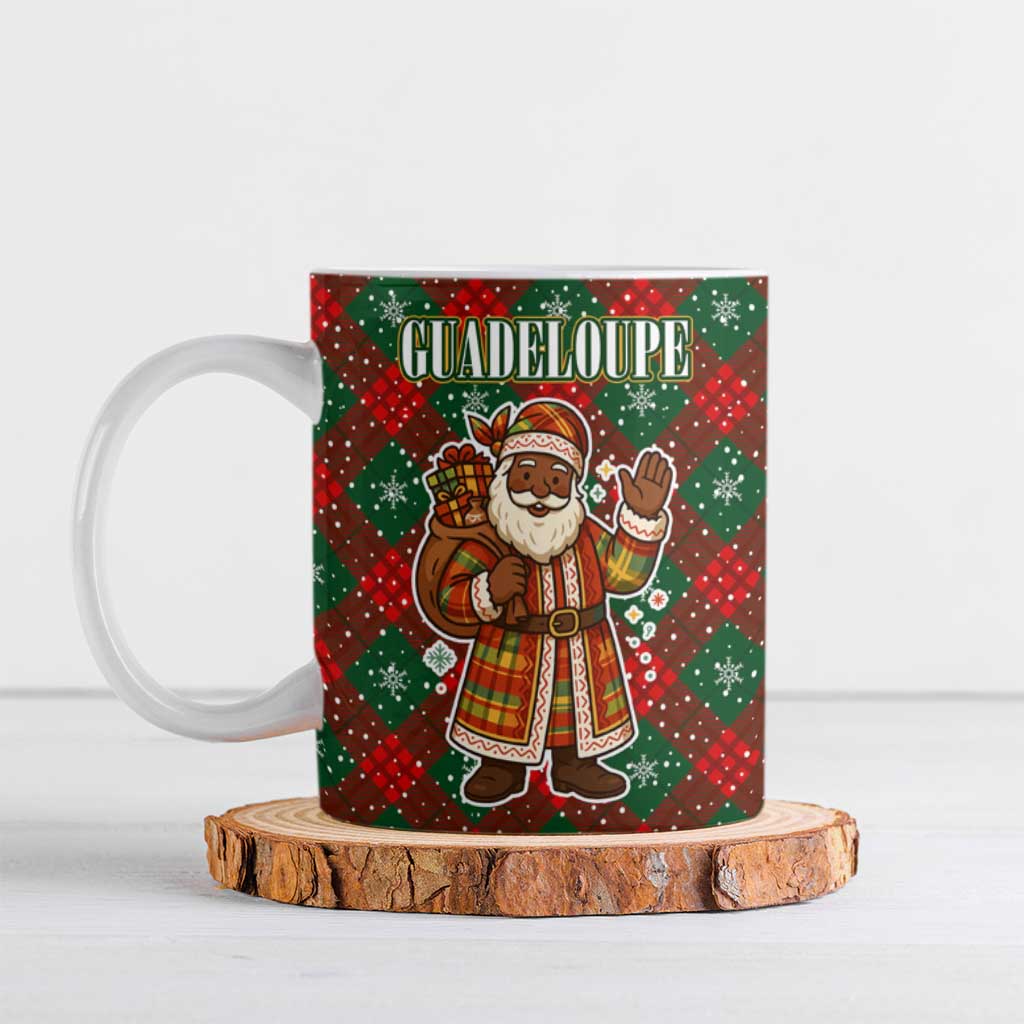 Guadeloupe Christmas Ceramic Mug with Green-Red Plaid Design, Island Map, and Traditional Santa Motif - Wonder Print Shop