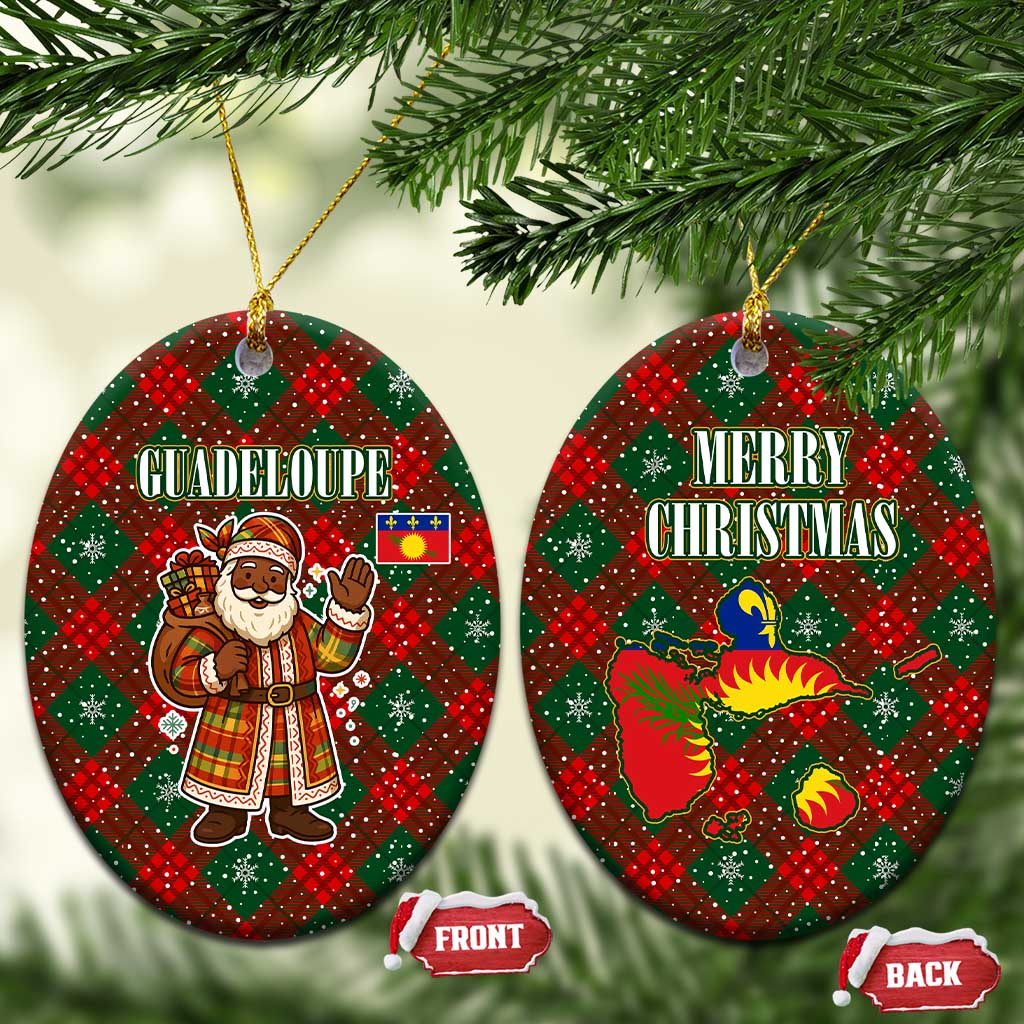 Guadeloupe Christmas Ceramic Ornament with Green-Red Plaid Design, Island Map, and Traditional Santa Motif - Wonder Print Shop