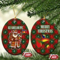 Guadeloupe Christmas Ceramic Ornament with Green-Red Plaid Design, Island Map, and Traditional Santa Motif - Wonder Print Shop