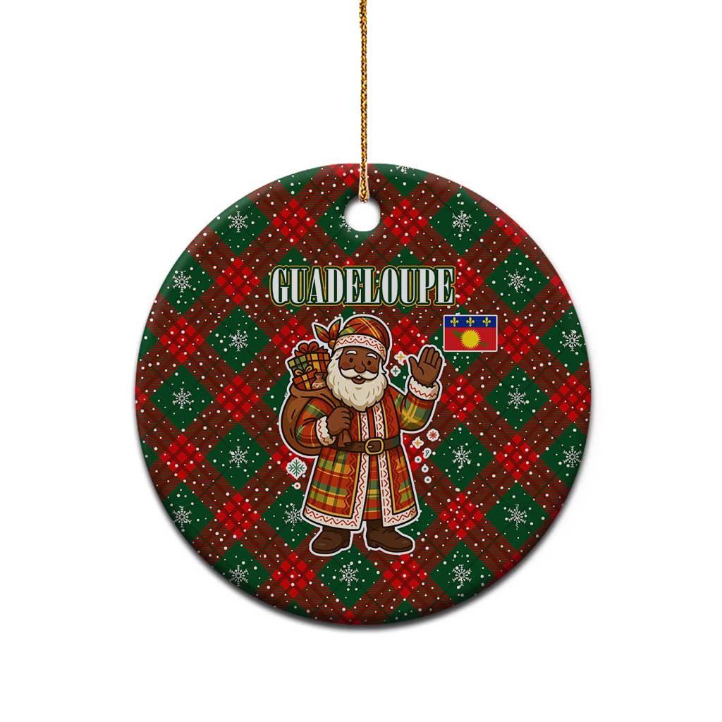 Guadeloupe Christmas Ceramic Ornament with Green-Red Plaid Design, Island Map, and Traditional Santa Motif - Wonder Print Shop