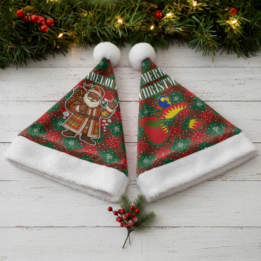 Guadeloupe Christmas Santa Hat with Green-Red Plaid Design, Island Map, and Traditional Santa Motif - Wonder Print Shop