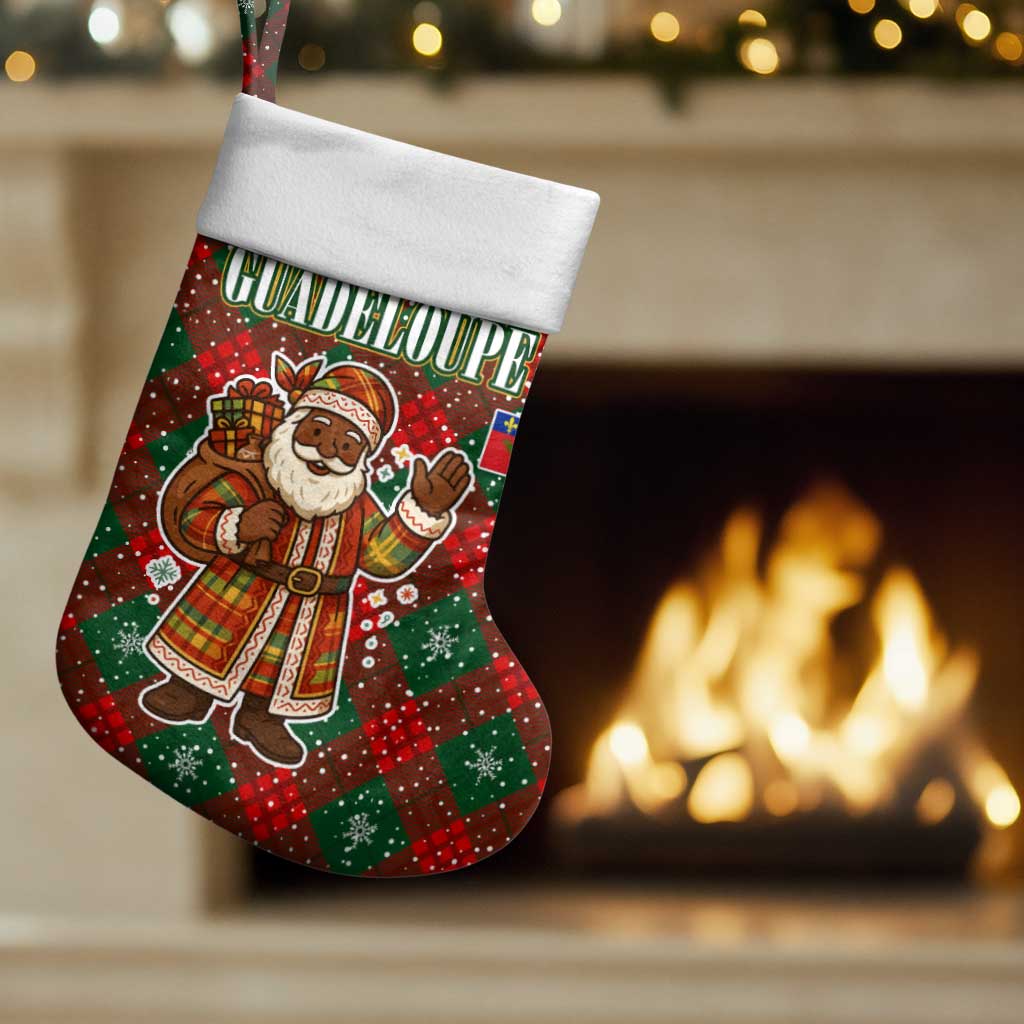 Guadeloupe Christmas Stocking with Green-Red Plaid Design, Island Map, and Traditional Santa Motif - Wonder Print Shop