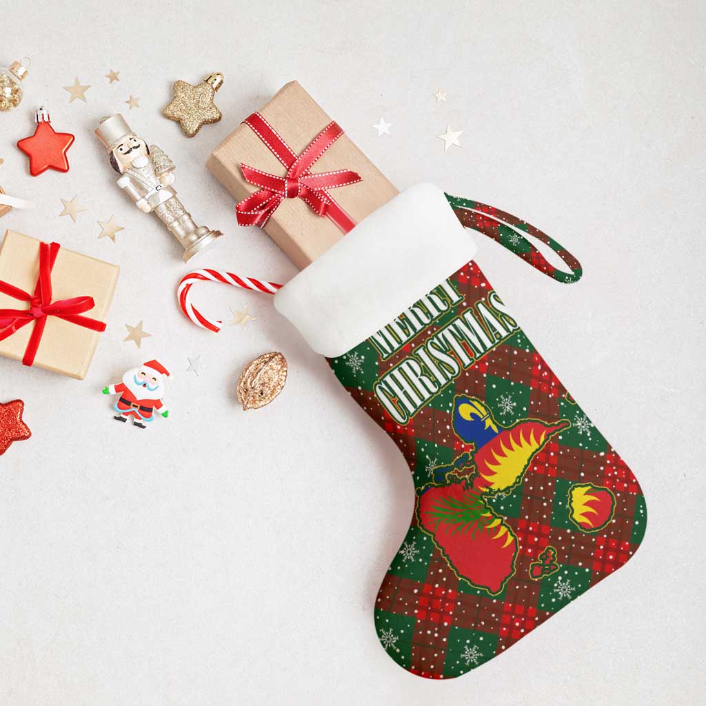 Guadeloupe Christmas Stocking with Green-Red Plaid Design, Island Map, and Traditional Santa Motif - Wonder Print Shop